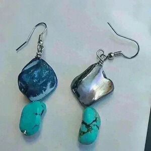 Vintage Handmade  turquoise and dark blue  shell silver Tone earrings